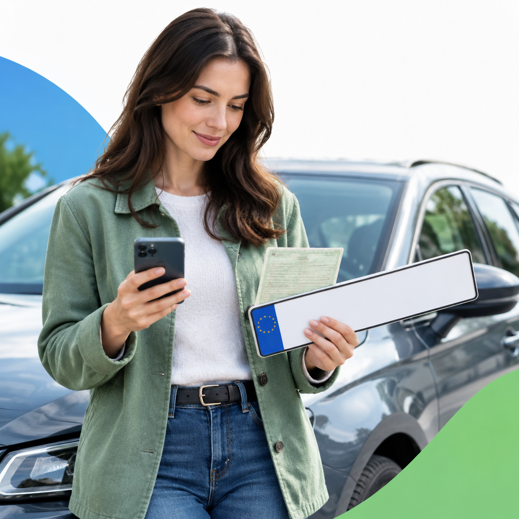 Person prüft Fahrzeugpapiere und Kennzeichen für die digitale Abmeldung eines Autos
