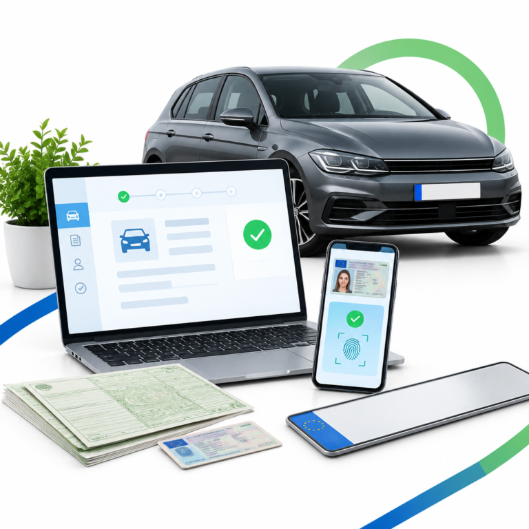 Person meldet ein deutsches Auto online am Laptop an, daneben liegen Fahrzeugpapiere und ein Smartphone auf weißem Hintergrund