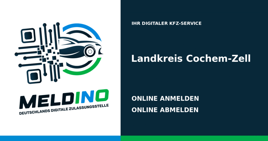 Meldino-Grafik mit Logo und Bezirksname Landkreis Cochem-Zell: Kfz online anmelden in Landkreis Cochem-Zell