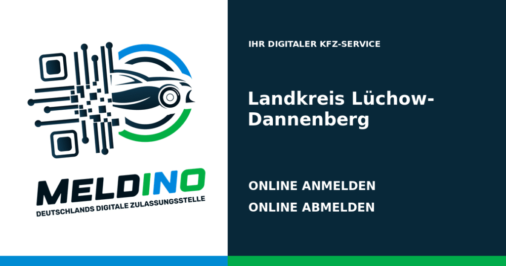 Meldino-Grafik mit Logo und Bezirksname Landkreis Lüchow-Dannenberg: Kfz online anmelden in Landkreis Lüchow-Dannenberg