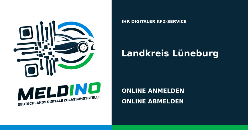 Meldino-Grafik mit Logo und Bezirksname Landkreis Lüneburg: Kfz online anmelden in Landkreis Lüneburg