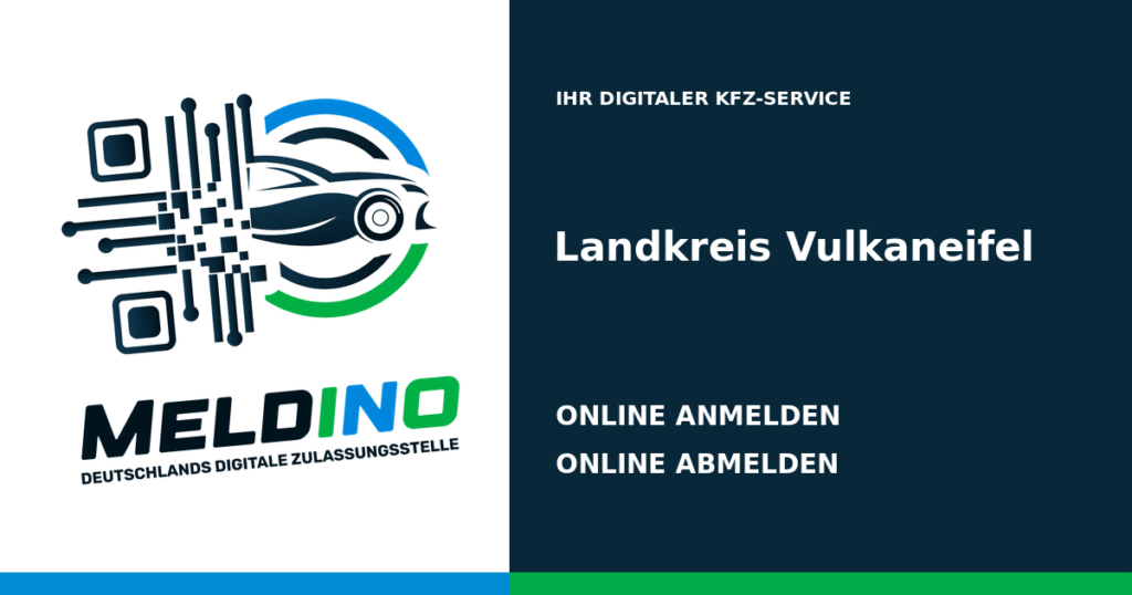 Meldino-Grafik mit Logo und Bezirksname Landkreis Vulkaneifel: Kfz online anmelden in Landkreis Vulkaneifel