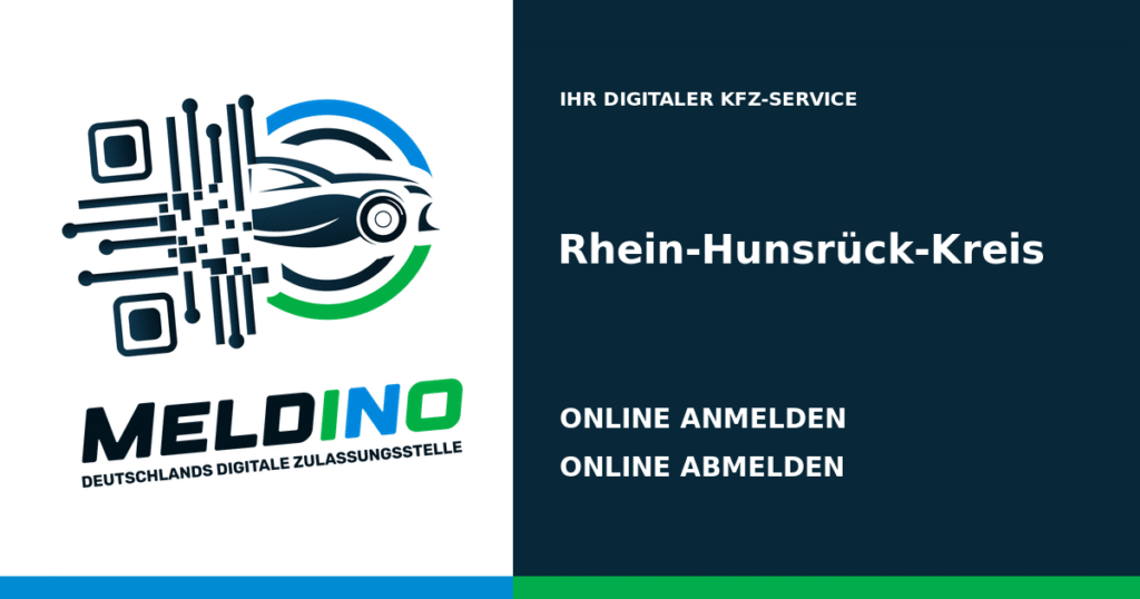 Meldino-Grafik mit Logo und Bezirksname Rhein-Hunsrück-Kreis: Kfz online anmelden in Rhein-Hunsrück-Kreis