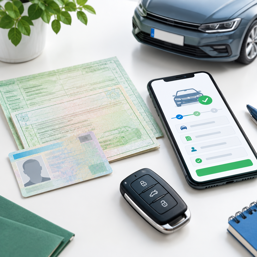 Ordentlich sortierte Fahrzeugpapiere, Ausweisdokumente und ein Smartphone auf einem Schreibtisch neben einem Autoschlüssel