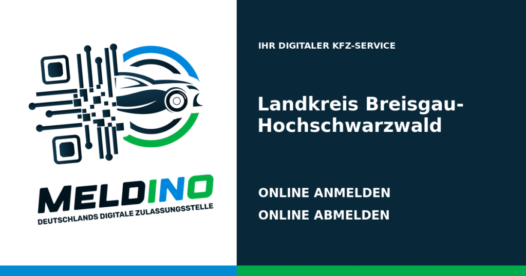 Meldino-Grafik mit Logo und Bezirksname Landkreis Breisgau-Hochschwarzwald: Kfz anmelden in Landkreis Breisgau-Hochschwarzwald