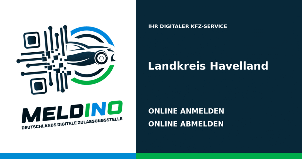 Meldino-Grafik mit Logo und Bezirksname Landkreis Havelland: Kfz online anmelden in Landkreis Havelland