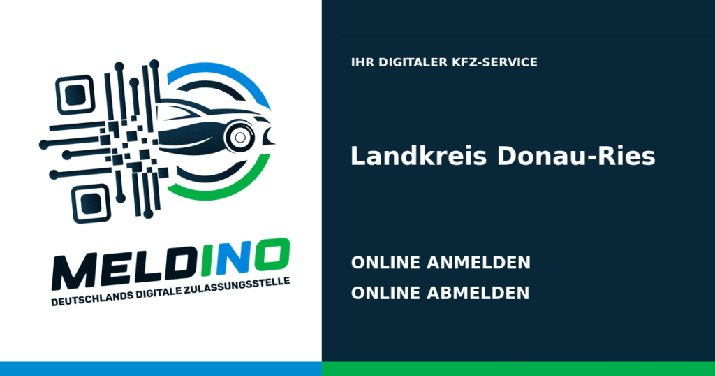 Meldino-Grafik mit Logo und Bezirksname Landkreis Donau-Ries: Kfz online anmelden in Landkreis Donau-Ries