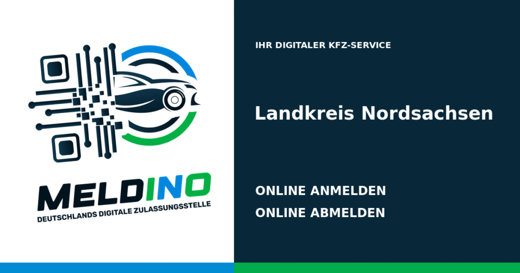 Meldino-Grafik mit Logo und Bezirksname Landkreis Nordsachsen: Kfz online anmelden in Landkreis Nordsachsen