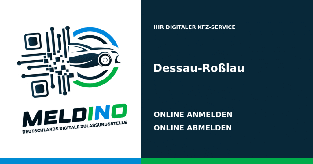 Meldino-Grafik mit Logo und Bezirksname Dessau-Roßlau: Kfz online anmelden in Dessau-Roßlau