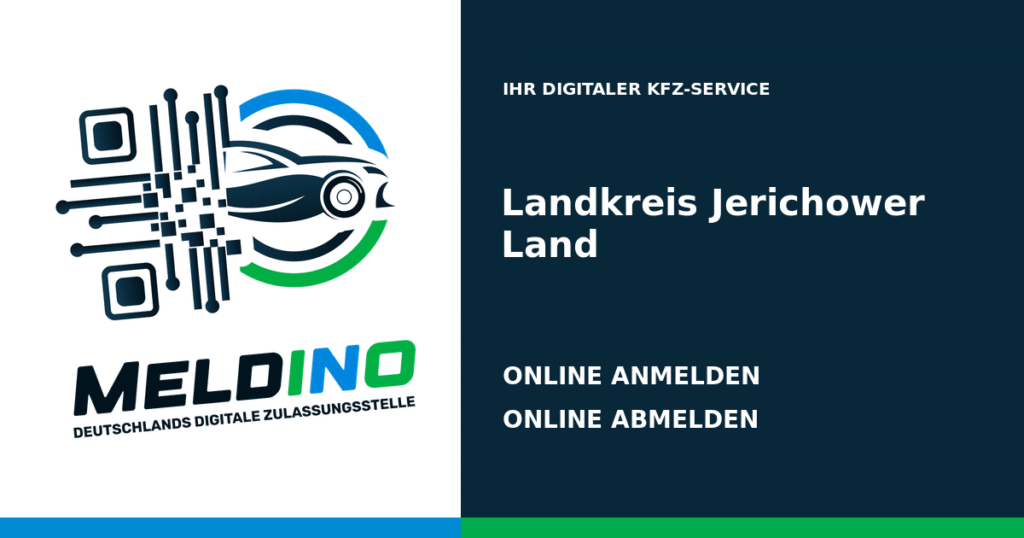 Meldino-Grafik mit Logo und Bezirksname Landkreis Jerichower Land: Kfz online anmelden in Landkreis Jerichower Land