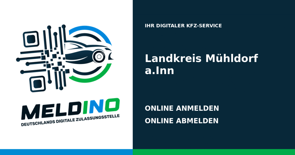 Meldino-Grafik mit Logo und Bezirksname Landkreis Mühldorf a.Inn: Kfz online anmelden in Landkreis Mühldorf a.Inn