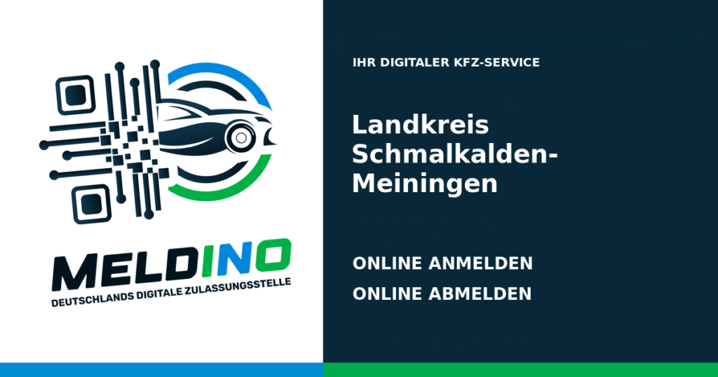 Meldino-Grafik mit Logo und Bezirksname Landkreis Schmalkalden-Meiningen: Kfz anmelden in Landkreis Schmalkalden-Meiningen