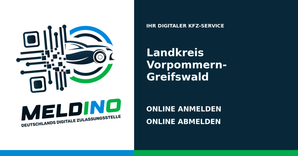 Meldino-Grafik mit Logo und Bezirksname Landkreis Vorpommern-Greifswald: Kfz anmelden in Landkreis Vorpommern-Greifswald