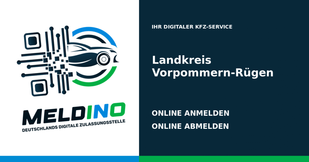 Meldino-Grafik mit Logo und Bezirksname Landkreis Vorpommern-Rügen: Kfz online anmelden in Landkreis Vorpommern-Rügen