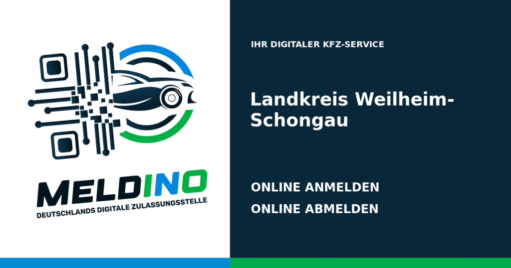 Meldino-Grafik mit Logo und Bezirksname Landkreis Weilheim-Schongau: Kfz online anmelden in Landkreis Weilheim-Schongau