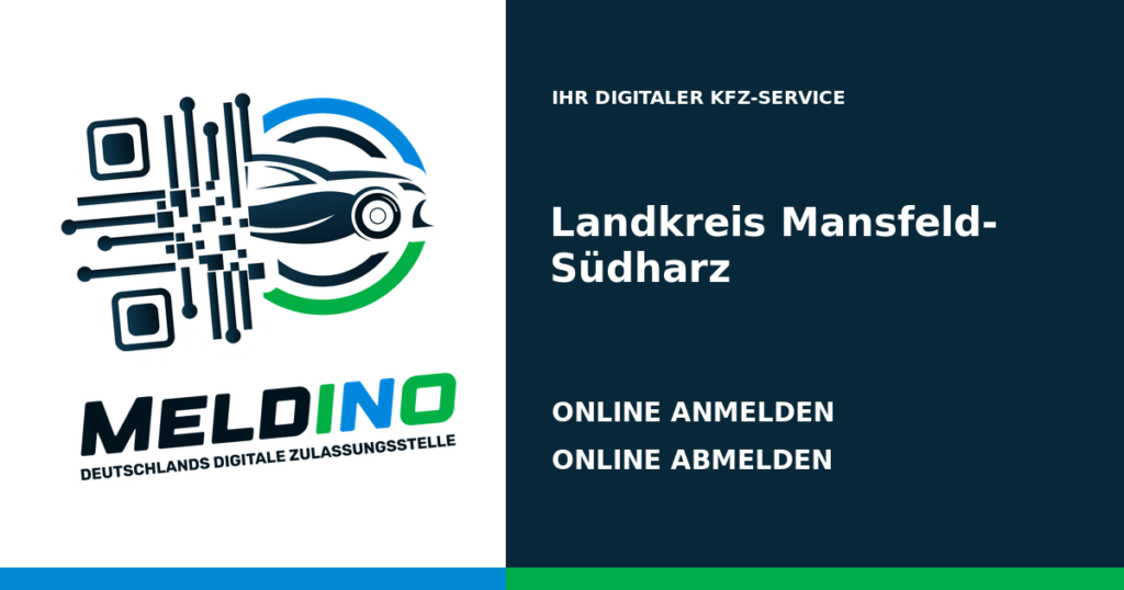 Meldino-Grafik mit Logo und Bezirksname Landkreis Mansfeld-Südharz: Kfz online anmelden in Landkreis Mansfeld-Südharz