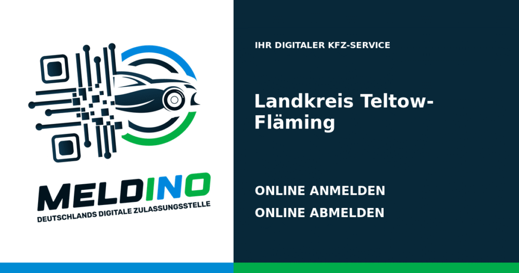 Meldino-Grafik mit Logo und Bezirksname Landkreis Teltow-Fläming: Kfz online anmelden in Landkreis Teltow-Fläming